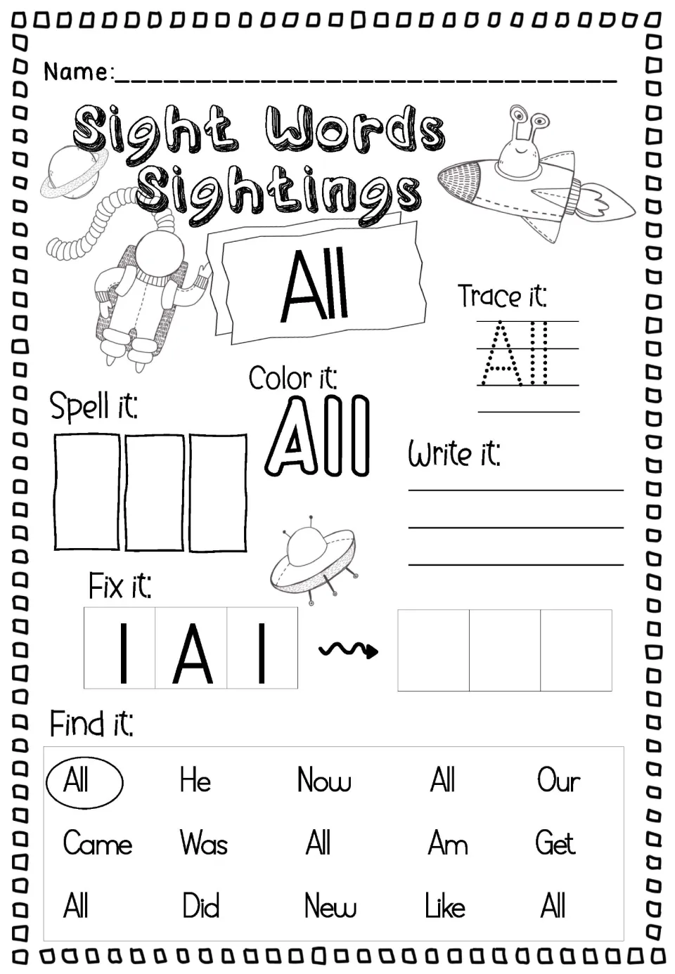 Sight word All in title case: students trace, color, spell and write it, unscramble l-A-l, then circle All among 15 words