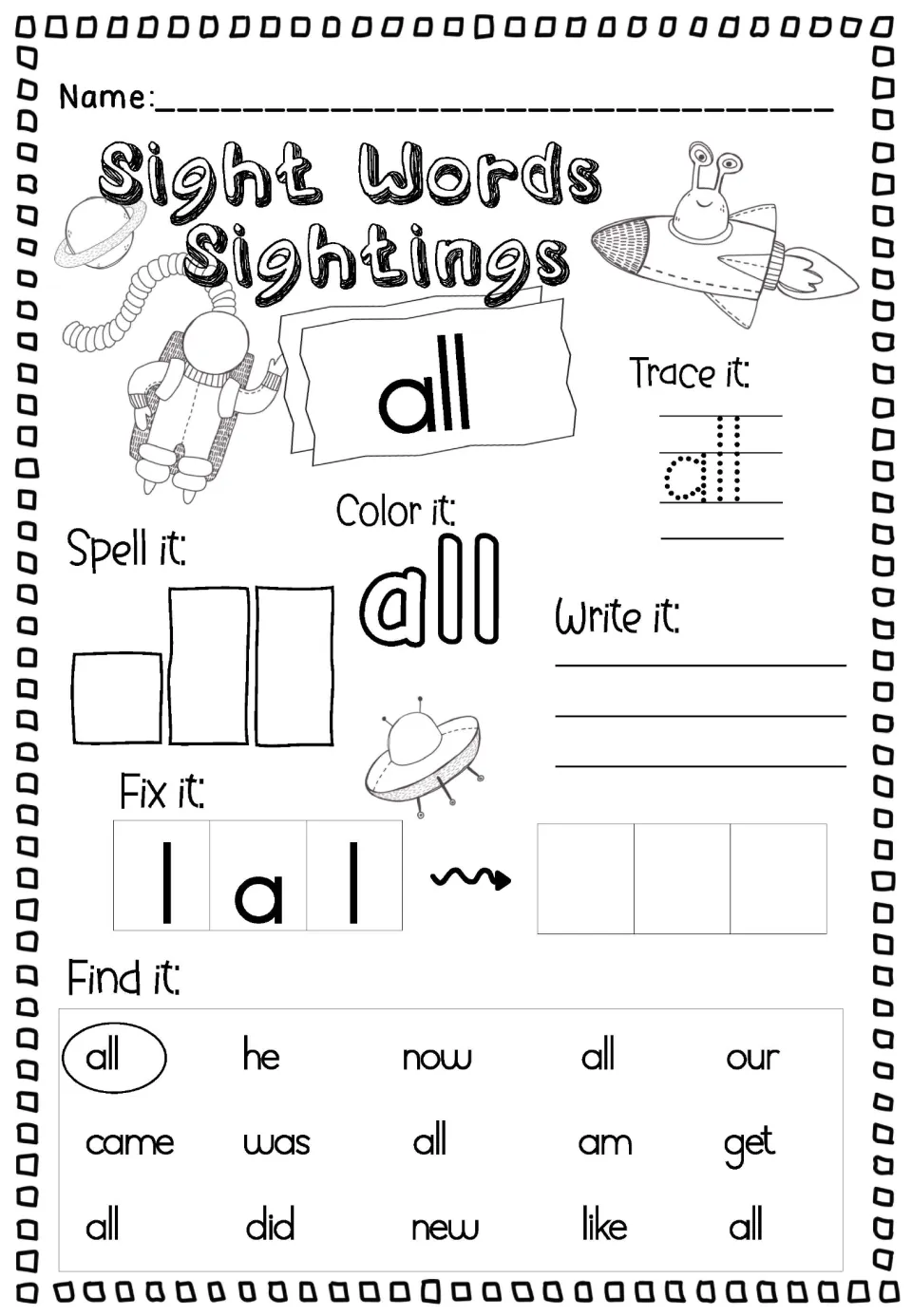 Lowercase sight word all: students trace, color, spell and write it, fix the scrambled l-a-l, and find all in a word list
