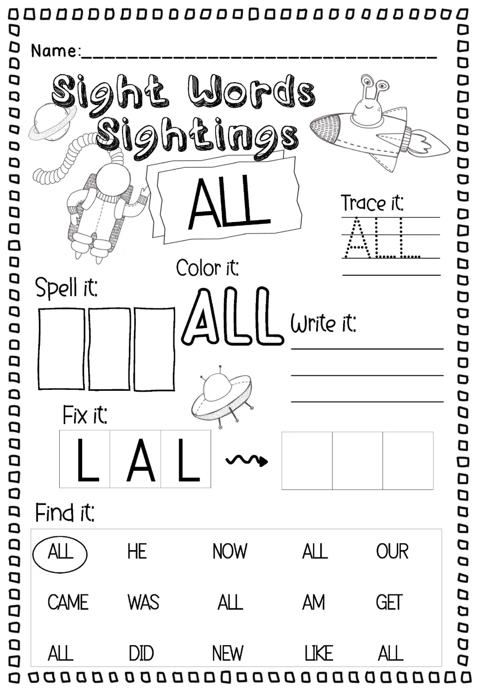 Uppercase sight word ALL: students trace, color and spell it, rebuild L-A-L in order, then circle every ALL in a word set