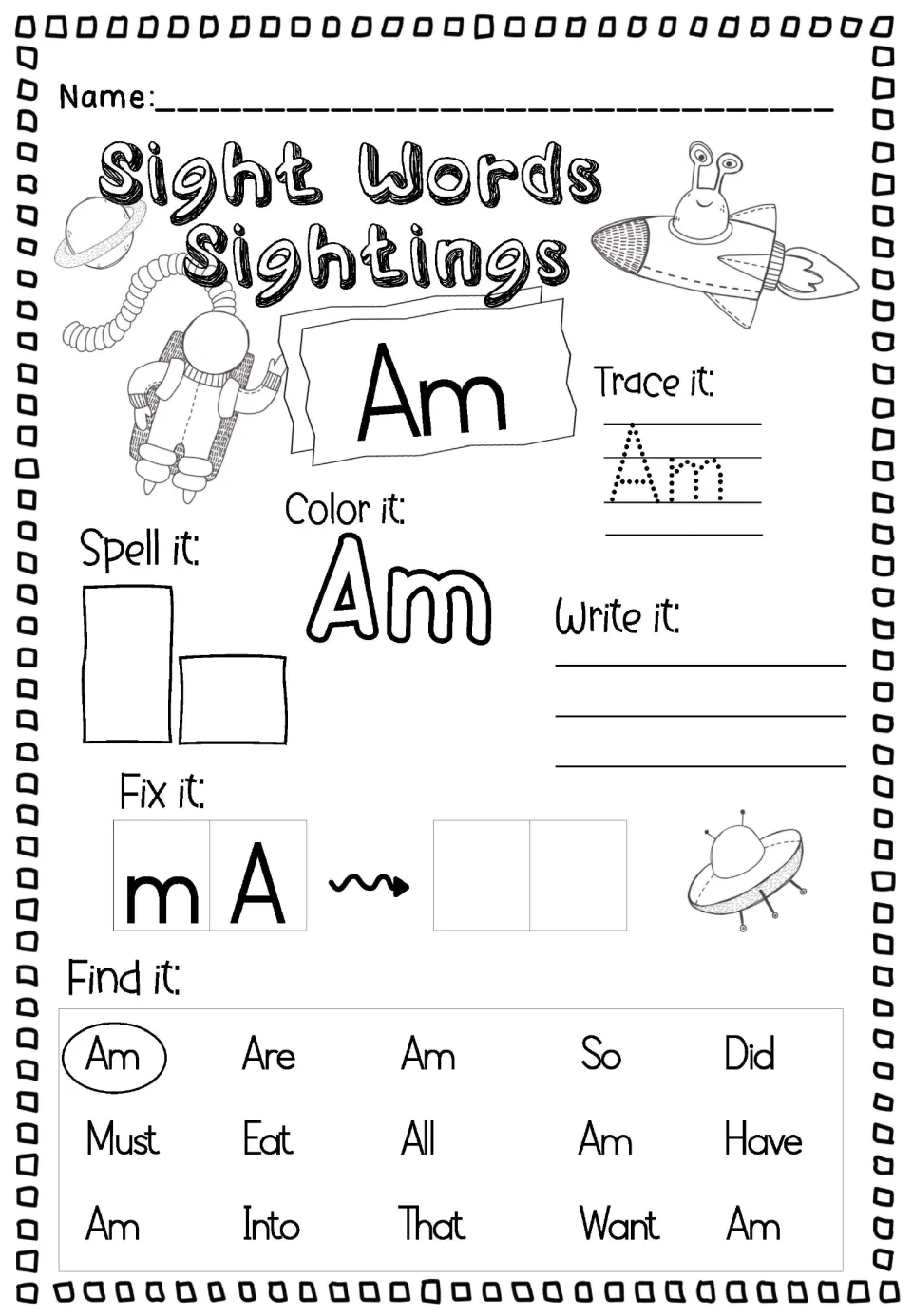 Sight word Am in title case: students trace, color, spell and write Am, fix m-A, then circle Am among words like Are and So
