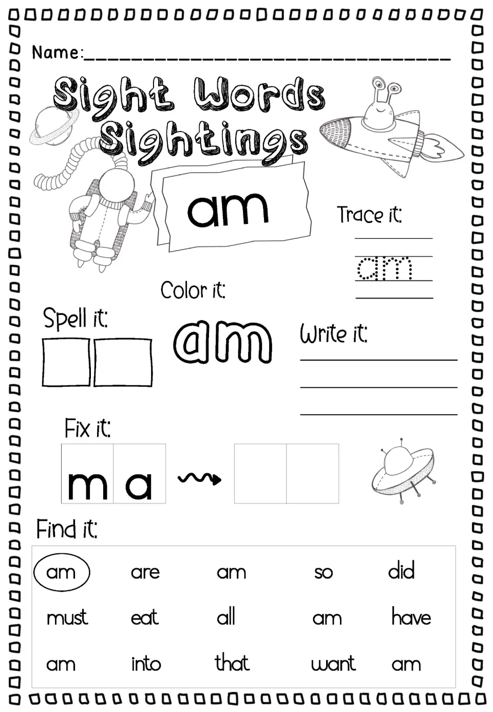 Lowercase sight word am: trace, color, spell and write practice, unscramble m-a, then find am among are, so, did and must
