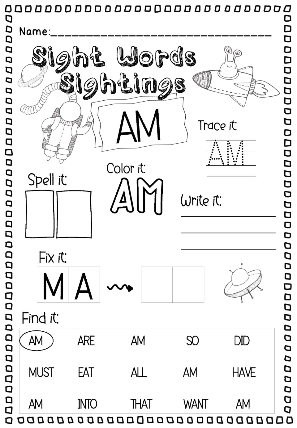 Uppercase sight word AM: students trace and color AM, spell and write it, fix M-A, and circle AM in a list of 15 words
