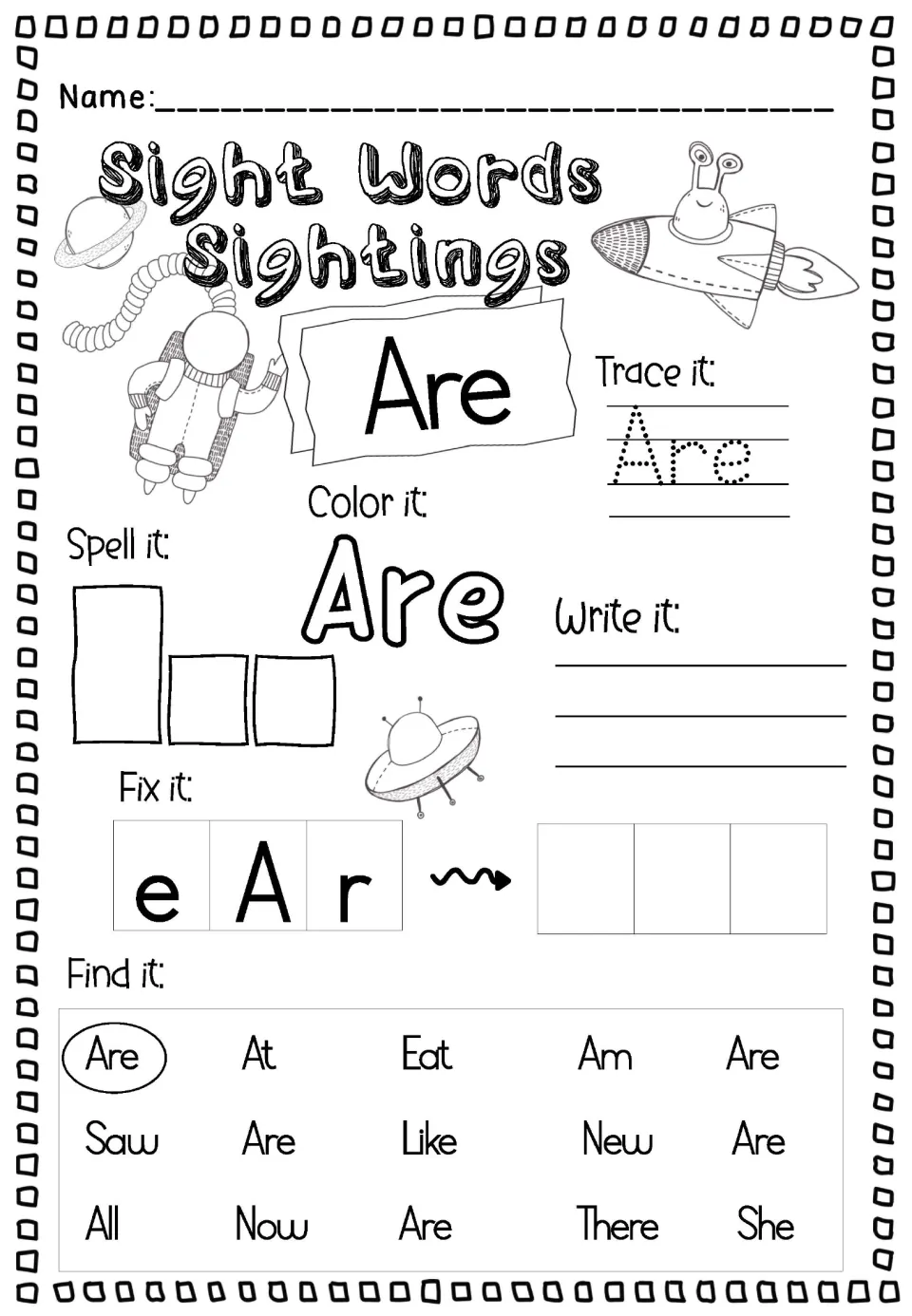 Sight word Are in title case: students trace, color, spell and write Are, reorder e-A-r, then find Are among At, Eat, Saw