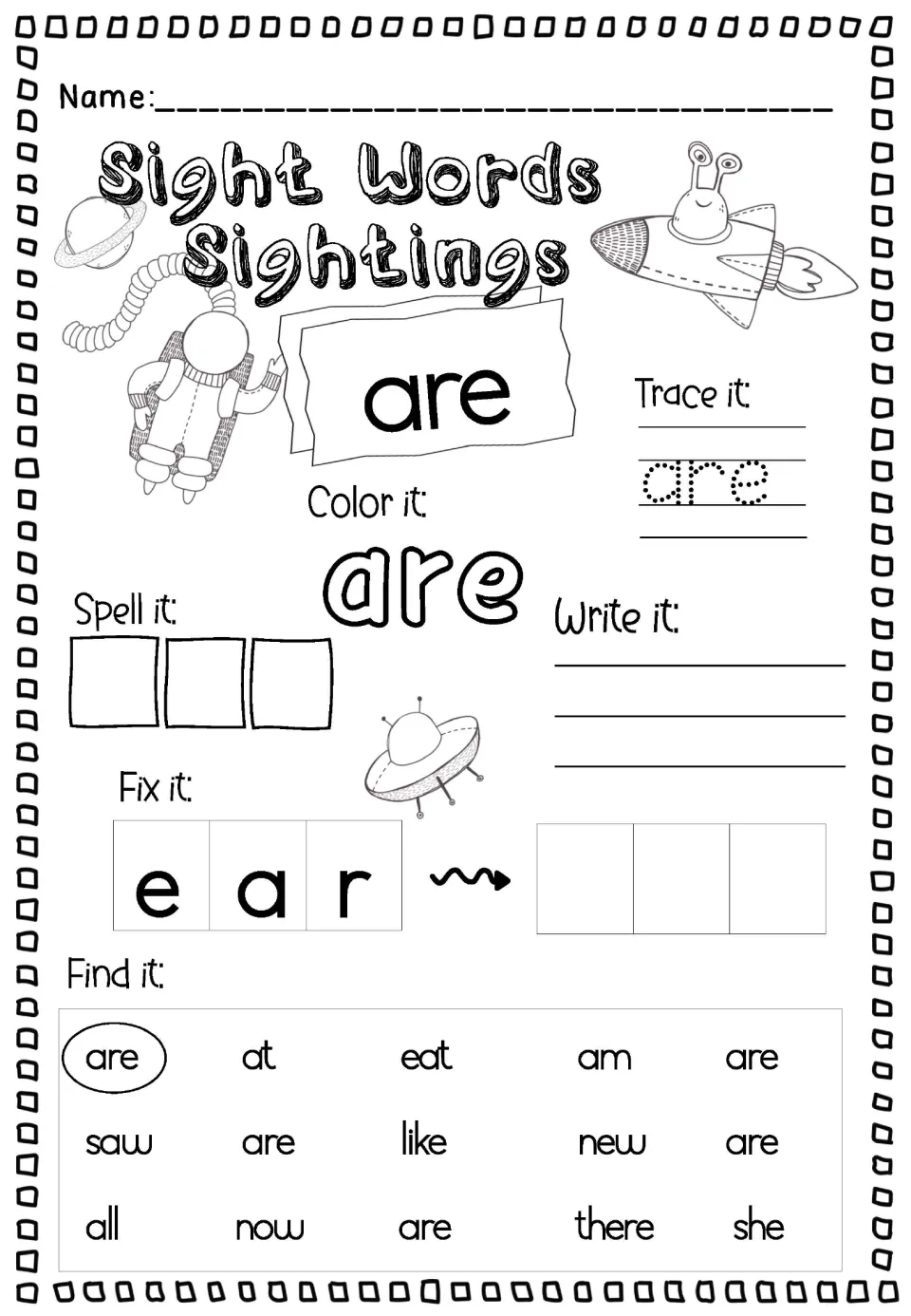 Lowercase sight word are: trace, color, spell and write it, put e-a-r in order, then circle are among at, eat, saw and now