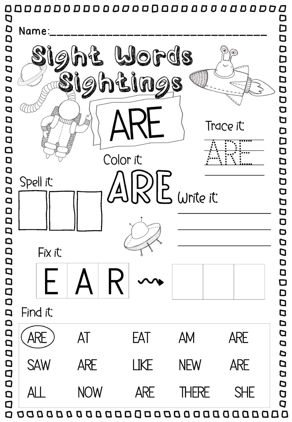 Uppercase sight word ARE: students trace, color and write ARE, fix E-A-R, then find ARE among AT, EAT, AM, NEW and THERE