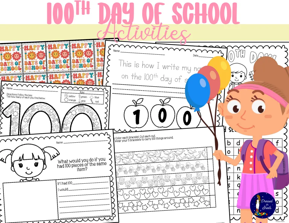 100th Day of School Activities cover showing a color-by-key 100, name tracing, bracelets, writing prompt and word search