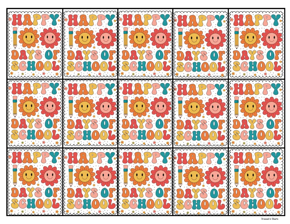 Happy 100 Days of School tags: 15 matching squares with smiling flowers and a pencil forming 100, to color or cut apart