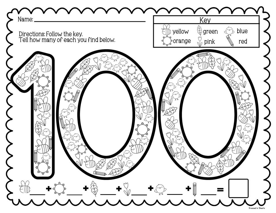 Color-by-key 100: students color bees, suns, leaves, tulips, chicks and pencils by key, then count each and add to 100