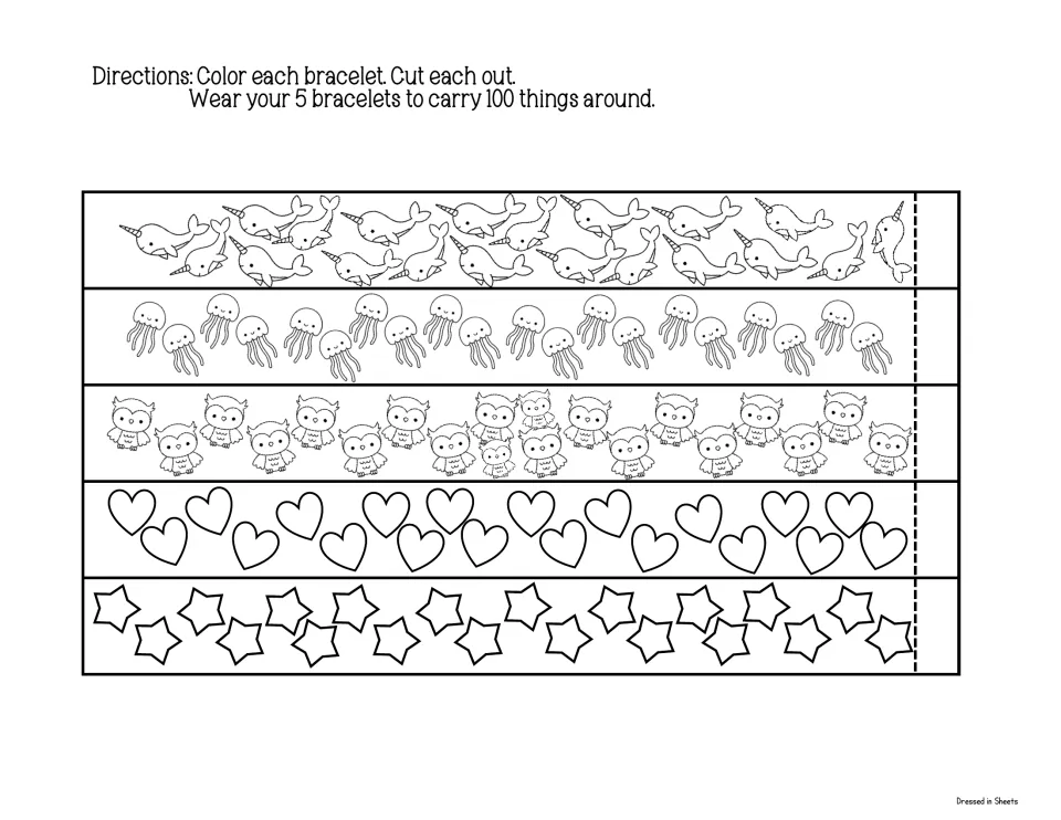 100 things bracelets: students color and cut out 5 strips of narwhals, jellyfish, owls, hearts and stars to wear