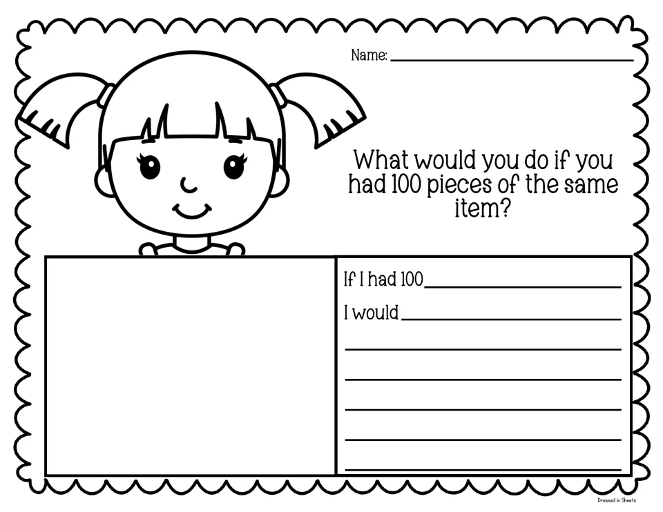 Girl prompt: what would you do if you had 100 pieces of the same item? Students draw and finish 'If I had 100'