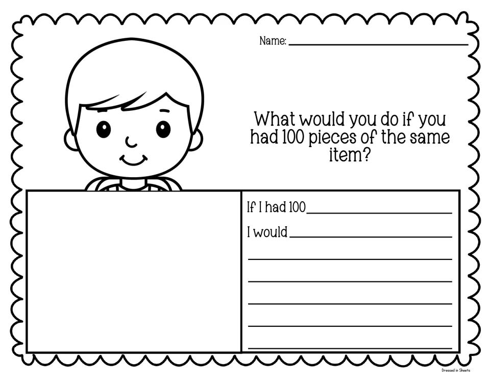 Writing prompt with a boy: students draw 100 of one item and complete 'If I had 100... I would'