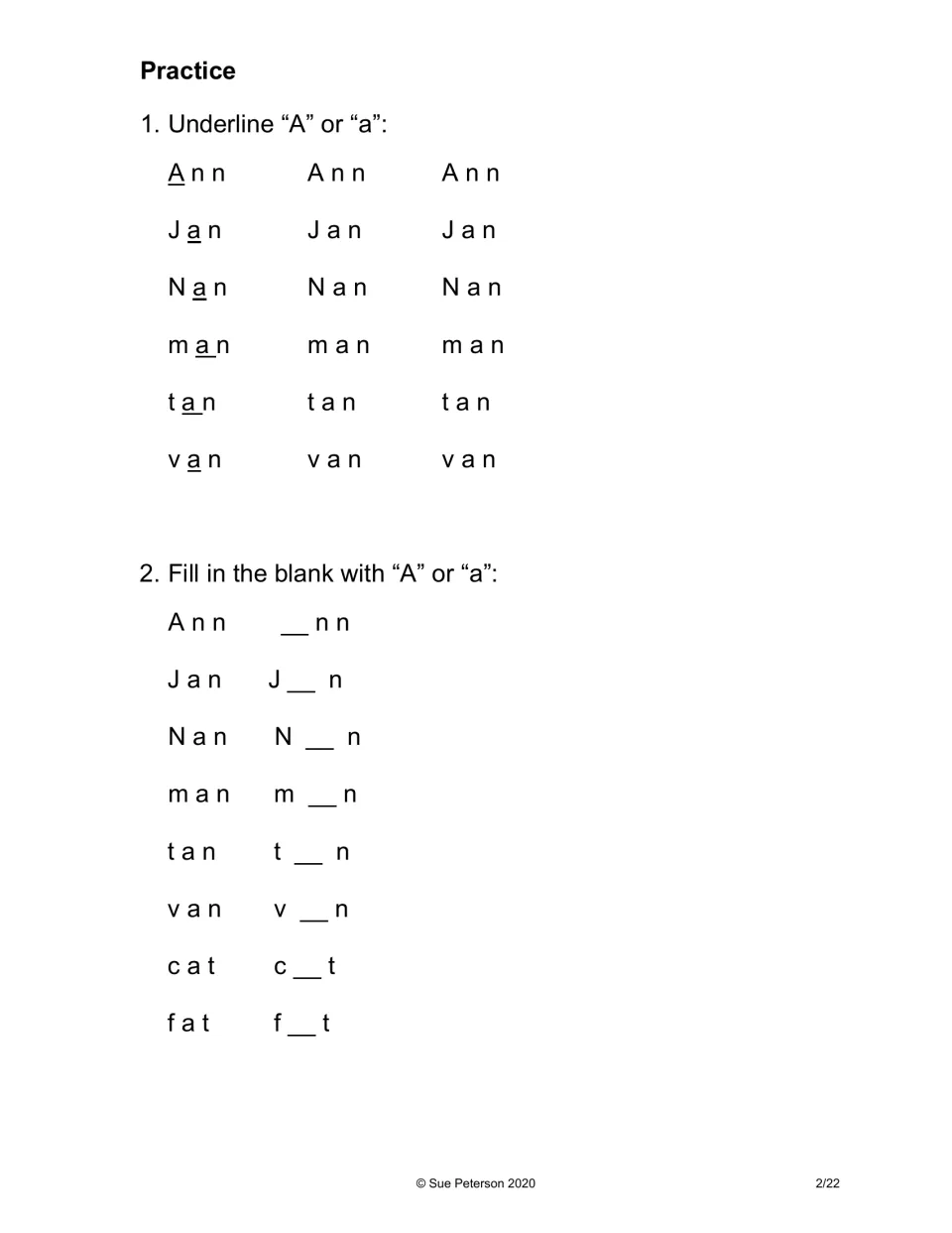The Tan Cats practice asks students to underline A or a in words and fill missing letters in Ann, cat, and more