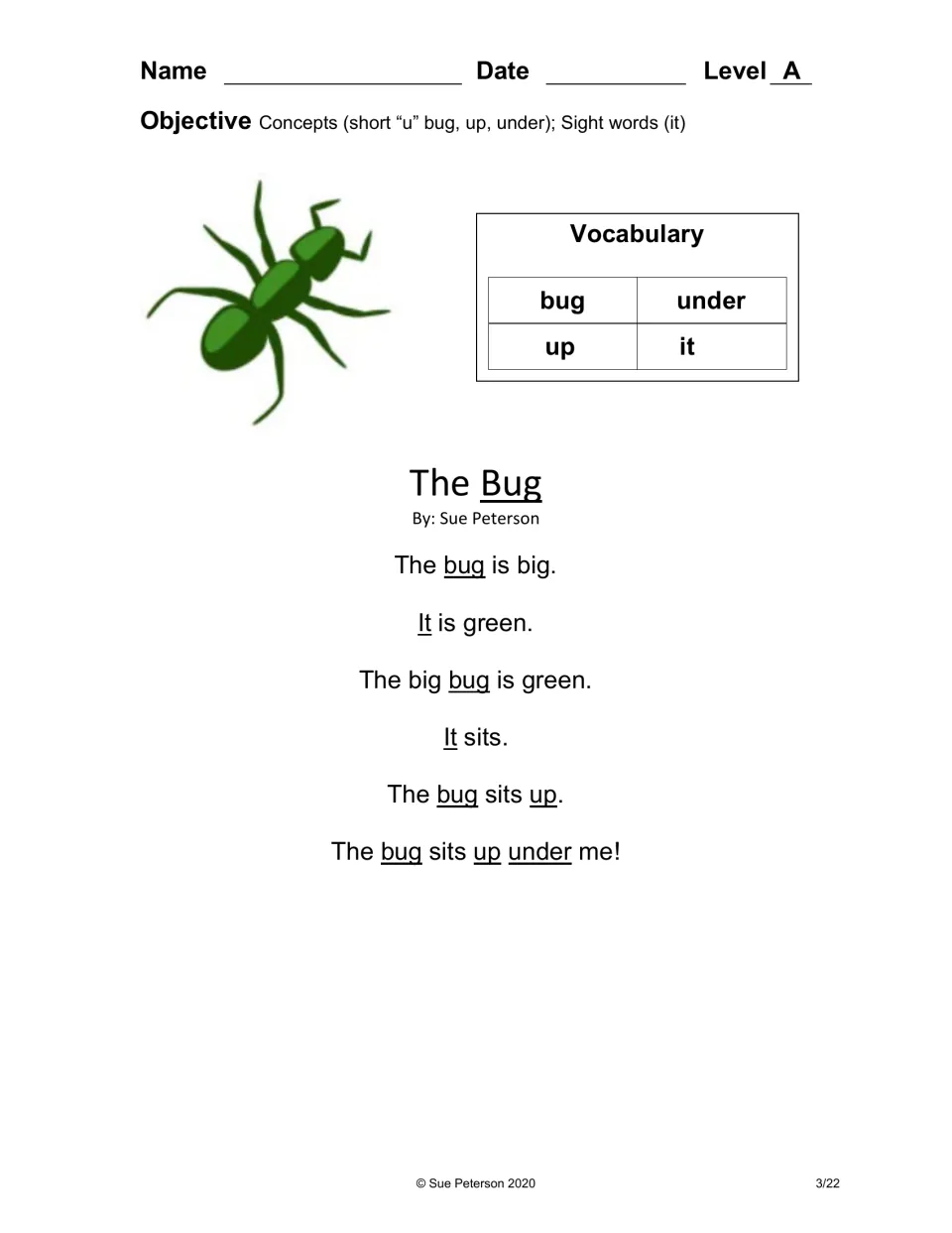 Level A reading The Bug targets short u and the sight word it, with vocabulary bug, up, under, and it