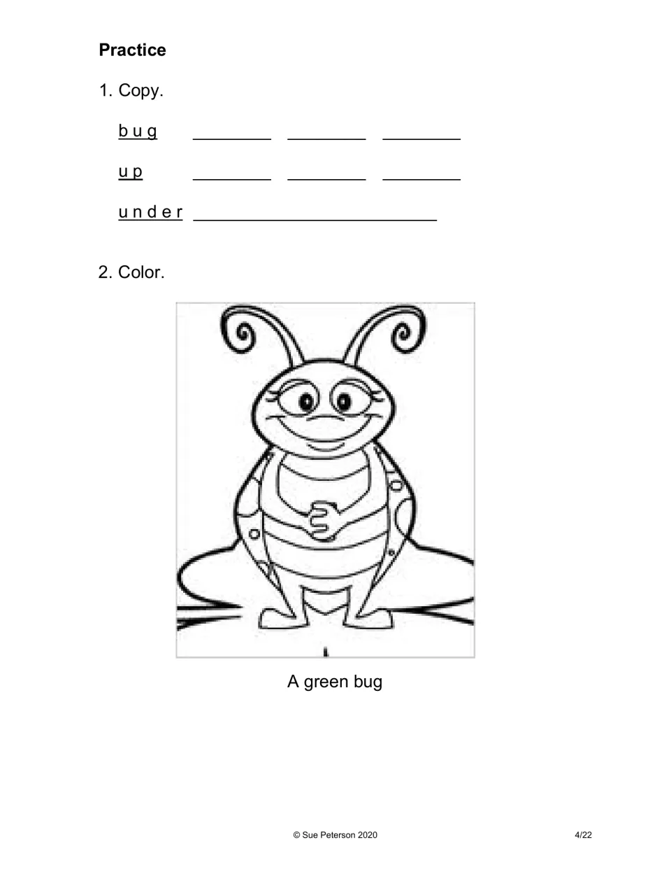 The Bug practice asks students to copy bug, up, and under, then color a bug labeled A green bug