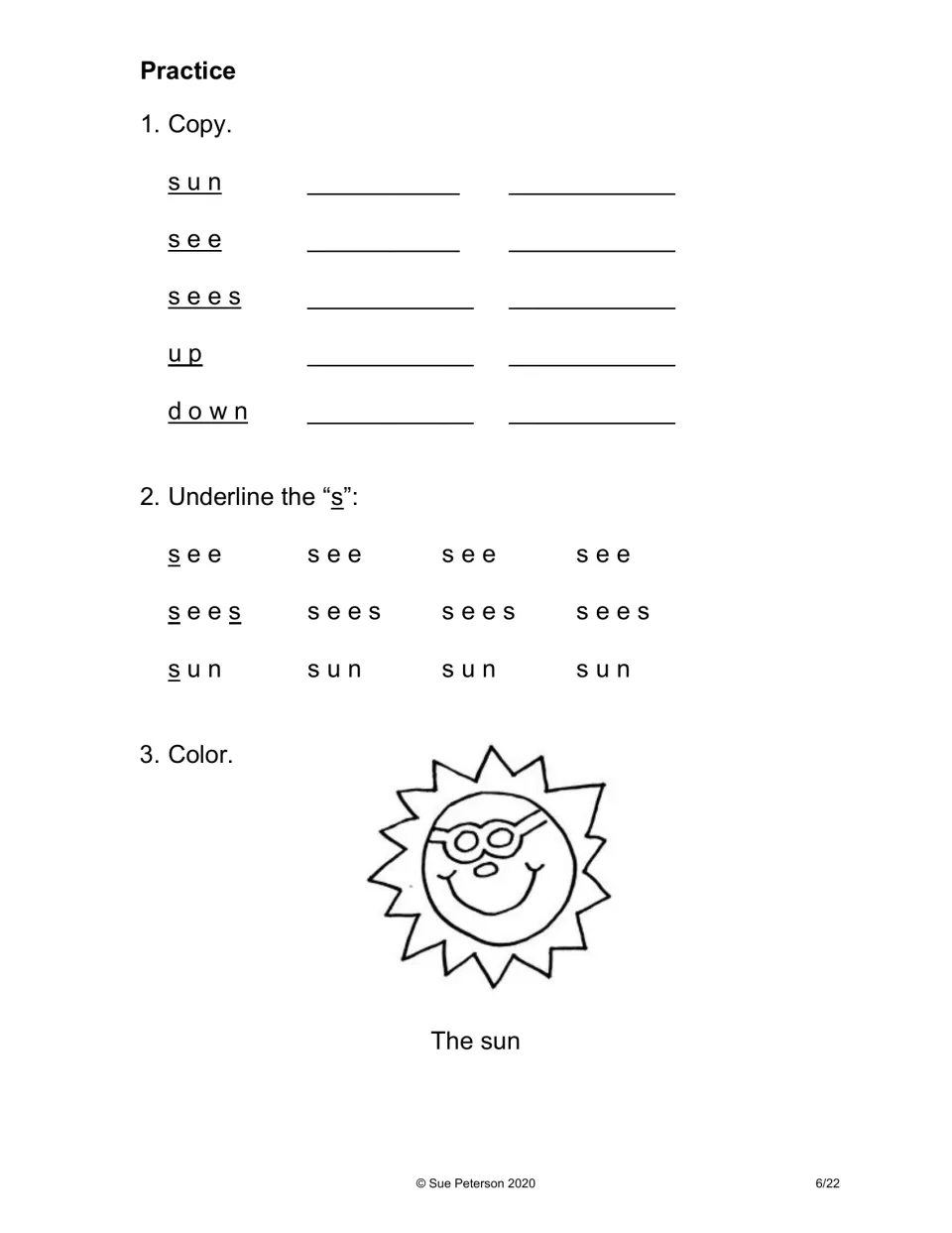 The Sun practice asks students to copy sun, see, sees, up, and down, underline s, and color a sun
