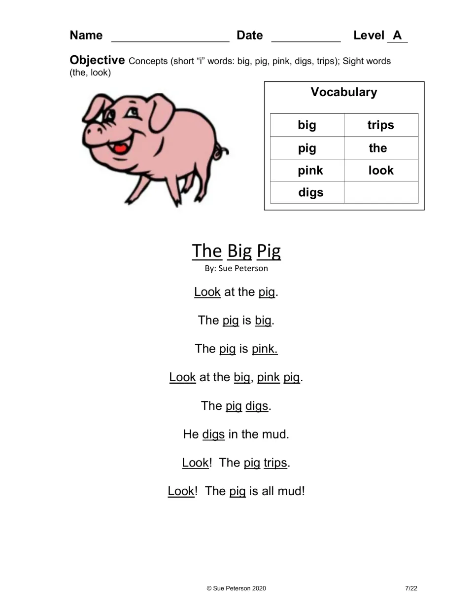 Level A reading The Big Pig targets short i and sight words the and look as a pink pig digs and trips in mud