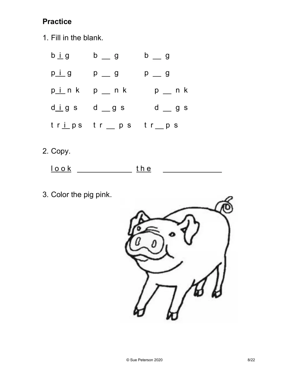 The Big Pig practice asks students to fill in i in five words, copy look and the, and color a pig pink