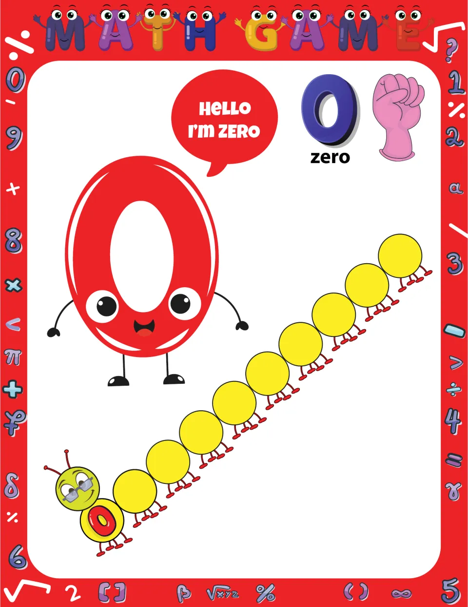 Number zero intro: a smiling 0 says "Hello I'm zero" beside the word zero, a closed fist and a caterpillar starting at 0