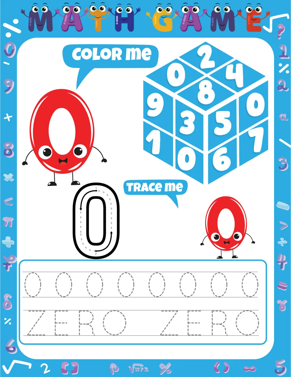 Number 0 practice: students color the zeros on a number cube, trace a large 0 with stroke arrows, then trace 0 and ZERO