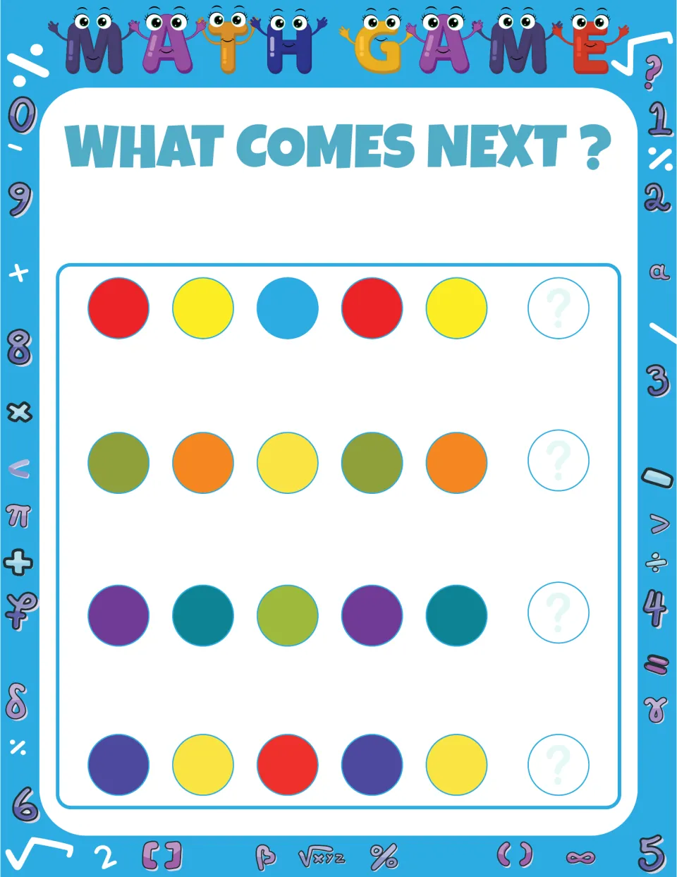 What Comes Next? color patterns: students extend four repeating ABC circle patterns by choosing the missing color