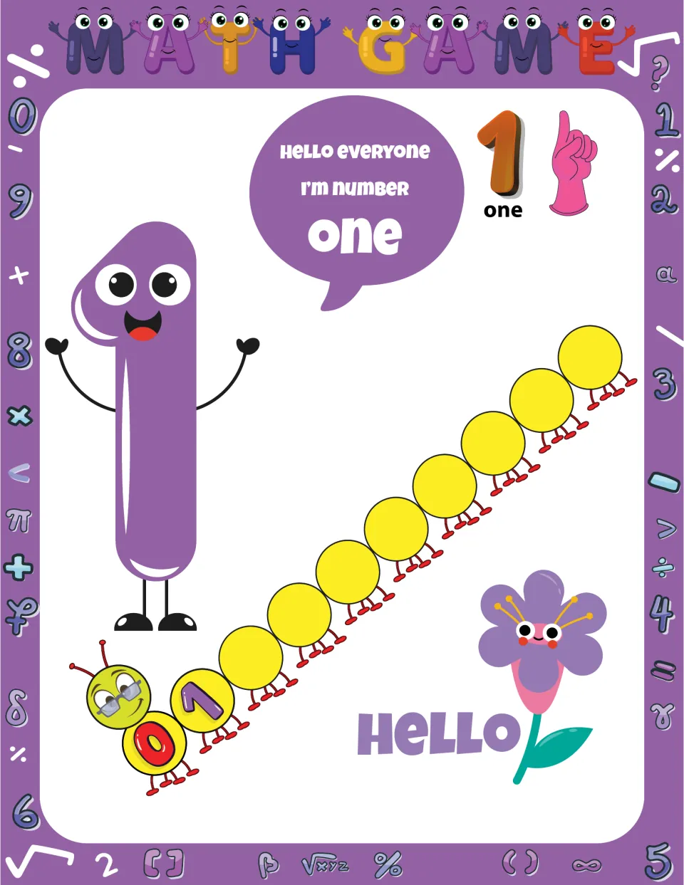 Number one intro: a 1 says "Hello everyone, I'm number one" with the word one, one raised finger and a 0-1 caterpillar