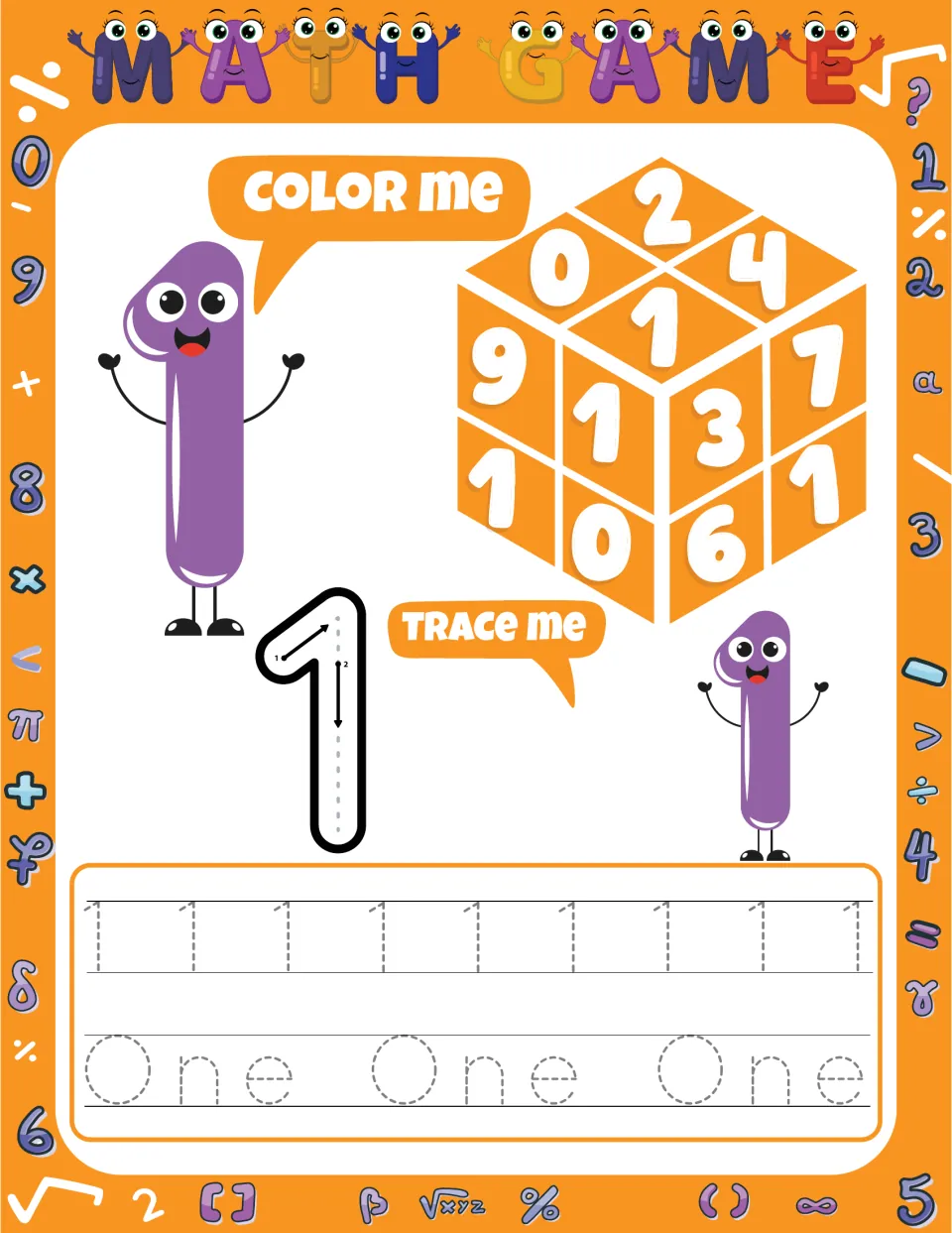 Number 1 practice: students color each 1 on a number cube, trace a big 1 by following the arrows, then trace 1 and One
