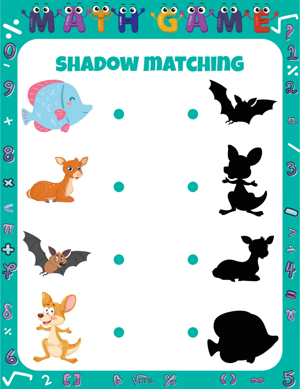 Shadow matching: students draw lines to connect a fish, deer, bat and kangaroo to their silhouettes in a shuffled order