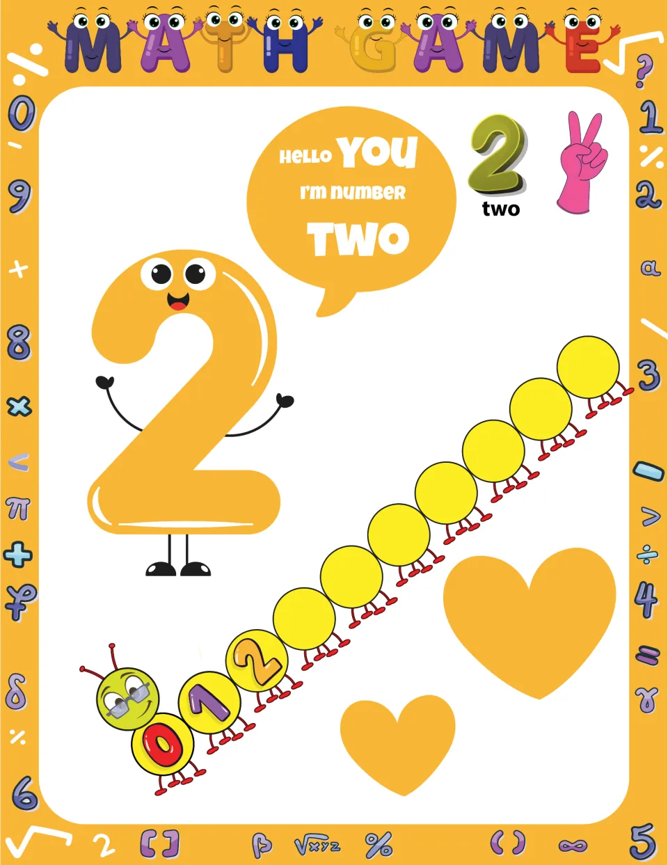Number two intro: a yellow 2 says "Hello you, I'm number two" two raised fingers, two hearts and a 0-2 caterpillar