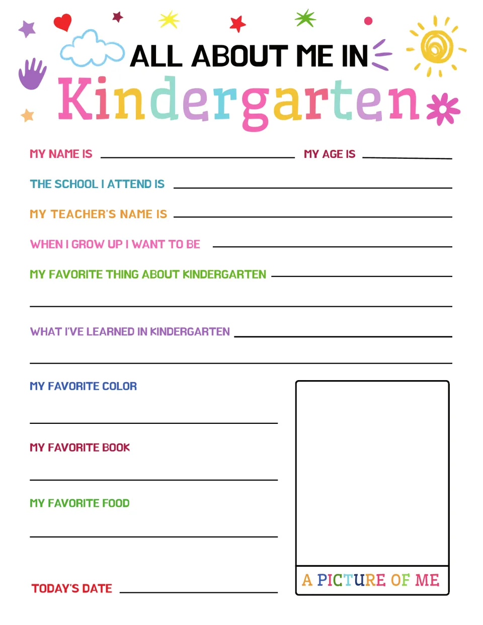All About Me in Kindergarten, color: students write name, age, teacher, favorites, what they learned and draw themselves