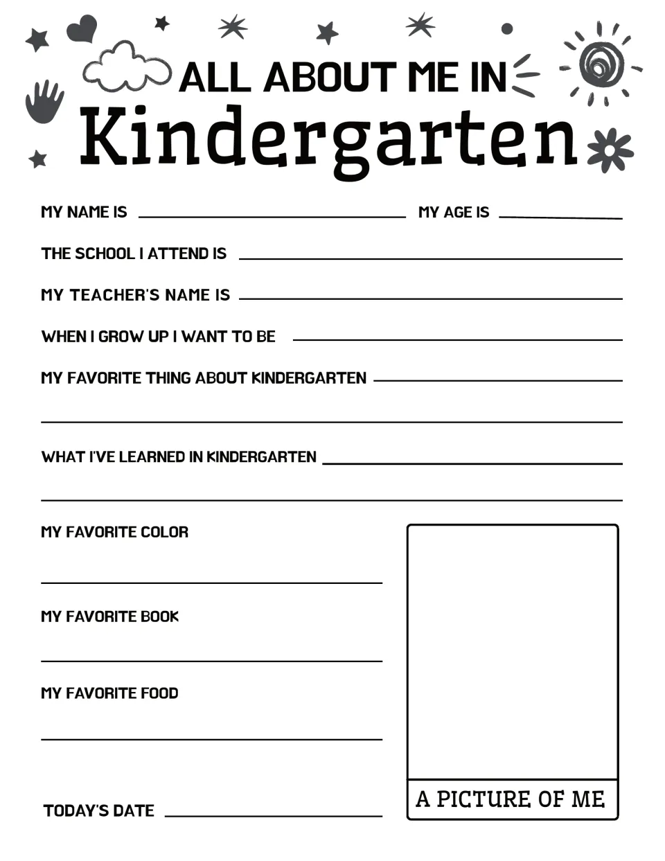 Black-and-white kindergarten questionnaire: children record school, future job, favorite color, book and food