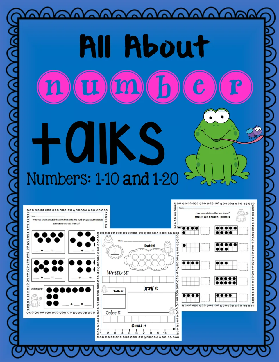 All About Number Talks cover, Numbers 1-10 and 1-20, with a frog and samples of dot, ten-frame and number-writing pages