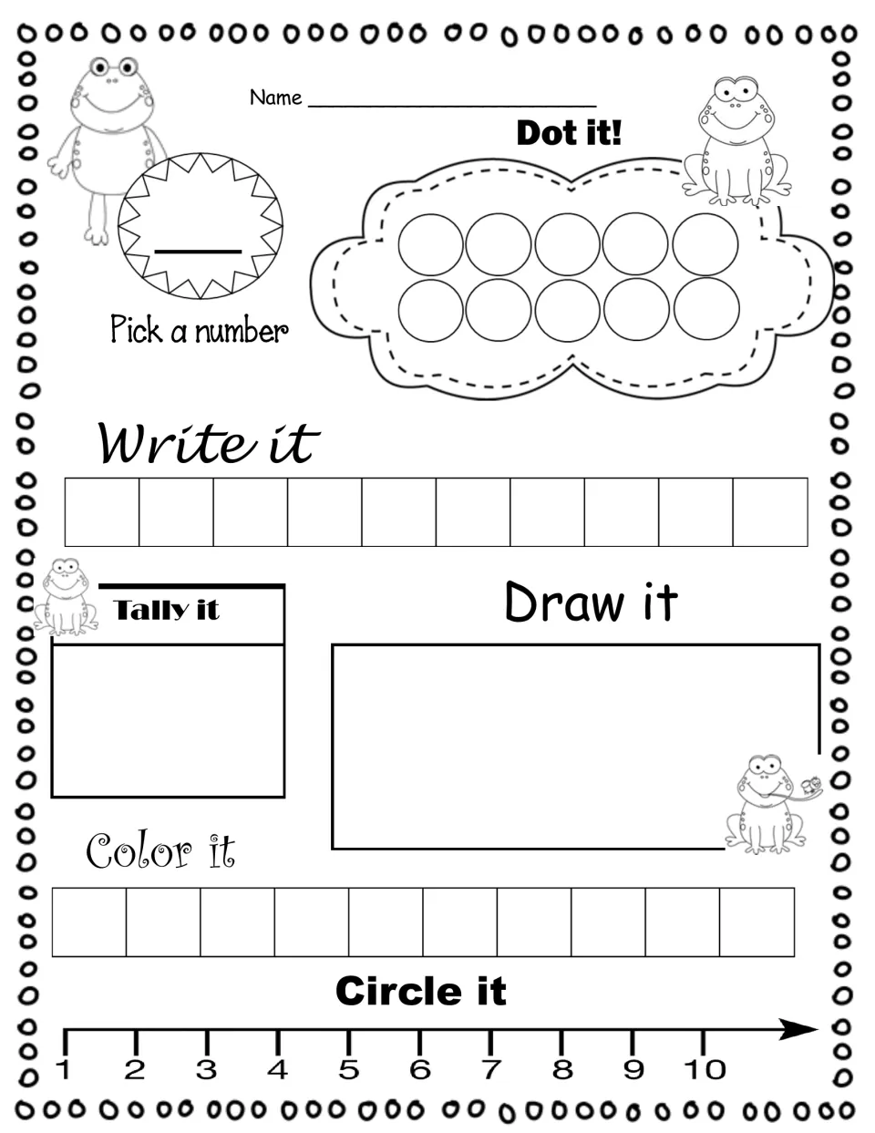 Pick a number practice: students choose any number to dot, write, tally, draw, color and circle on a 1-10 number line