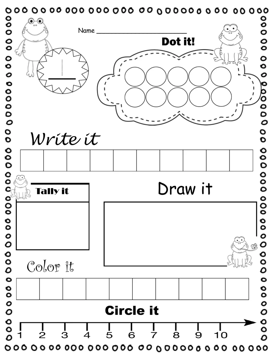 Number 1 sense practice: students trace 1, then dot, write, tally, draw and color one, and circle 1 on a number line