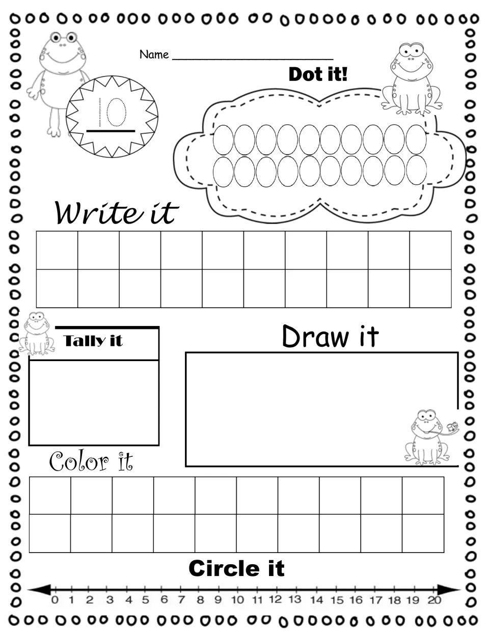 Number 10 within 20: students trace 10, dot 10 of 20 ovals, write, tally, draw and color it, and circle 10 on a 0-20 line
