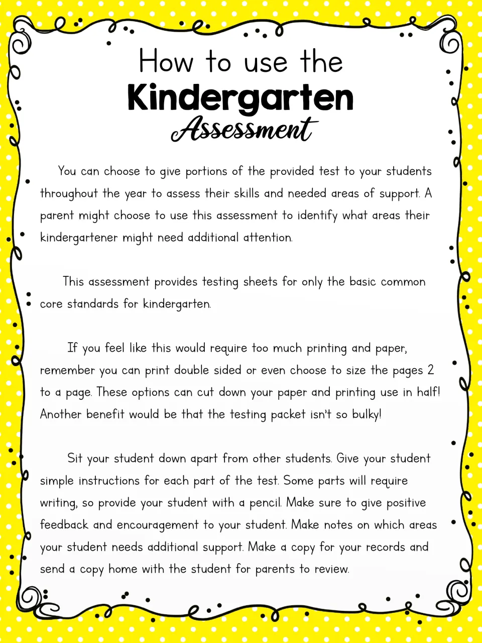 Assessment instructions for testing throughout the year, recording support needs, and sharing results with parents