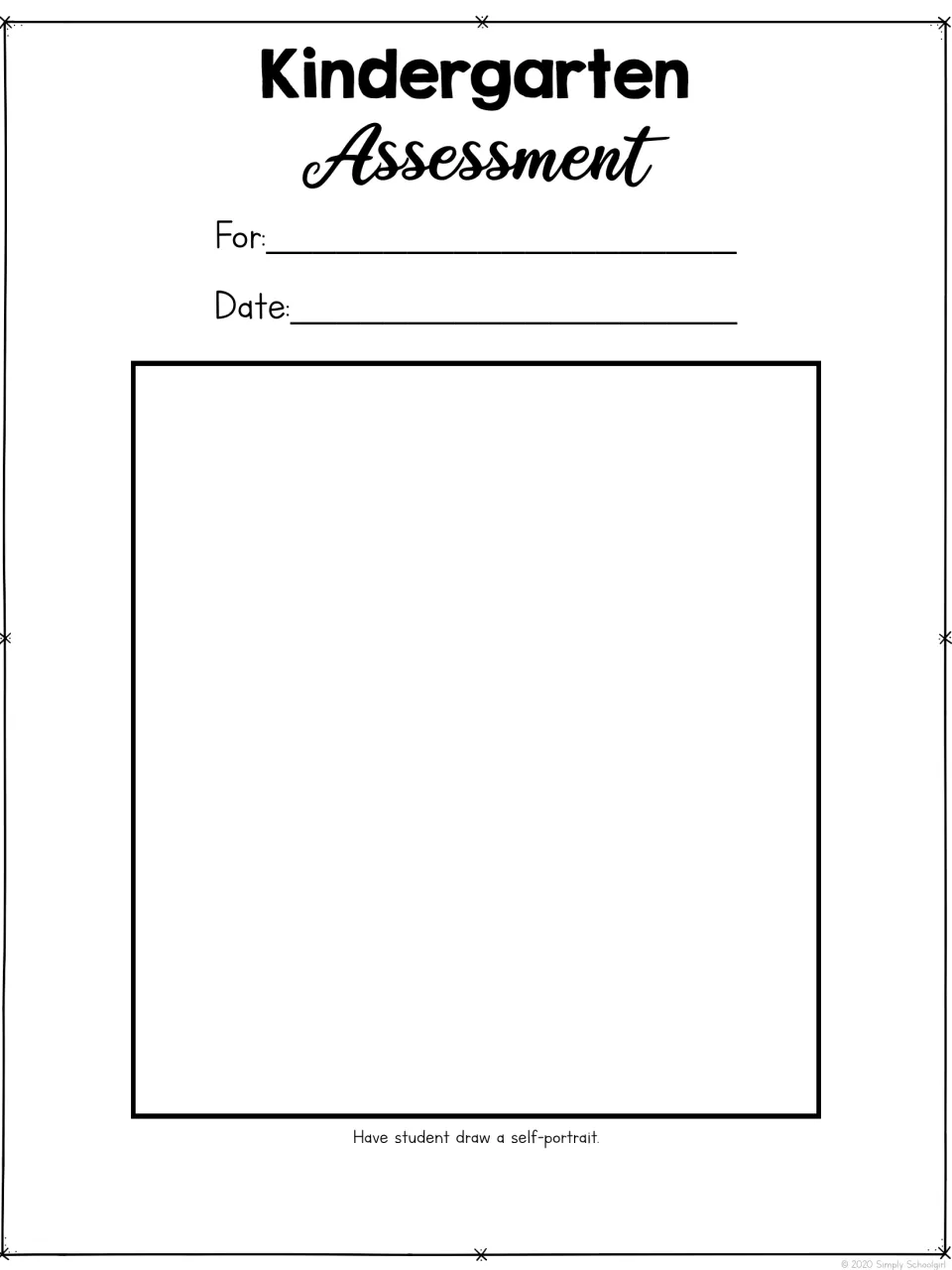 Student assessment cover sheet for recording a name and date and drawing a self-portrait before the tests