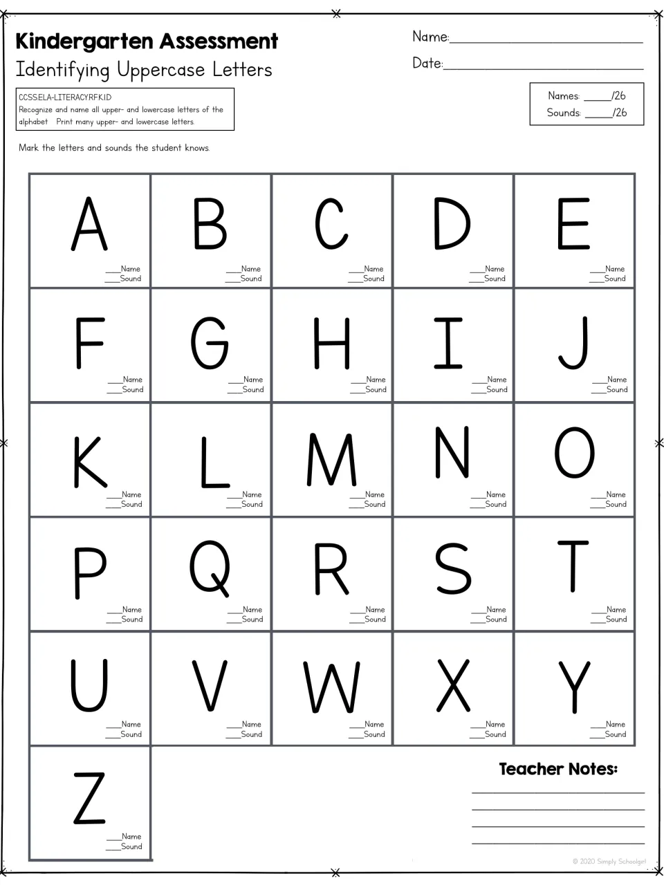Uppercase letter assessment covering A through Z, with separate scores for naming letters and giving their sounds