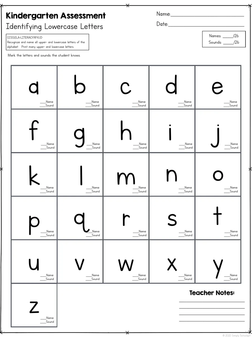 Lowercase letter assessment covering a through z, with separate scores for naming letters and giving their sounds