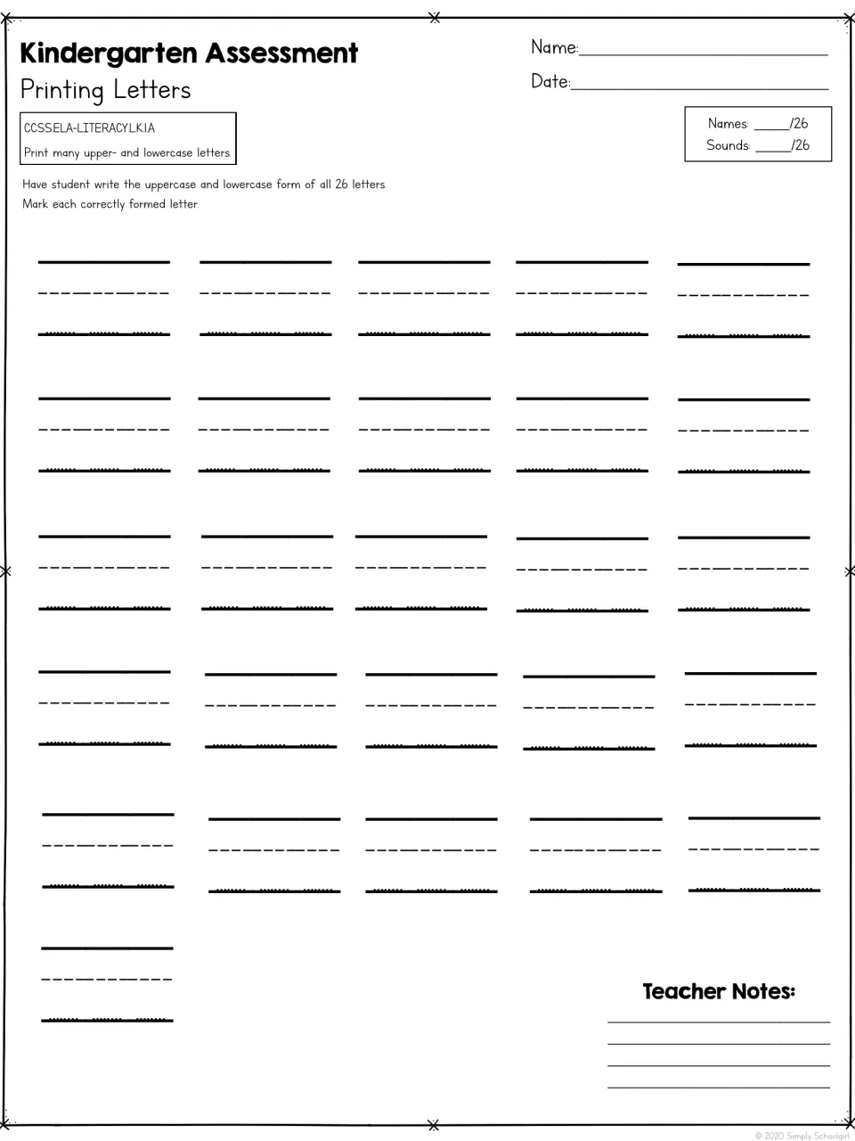 Letter printing assessment asking students to write uppercase and lowercase forms of all 26 letters