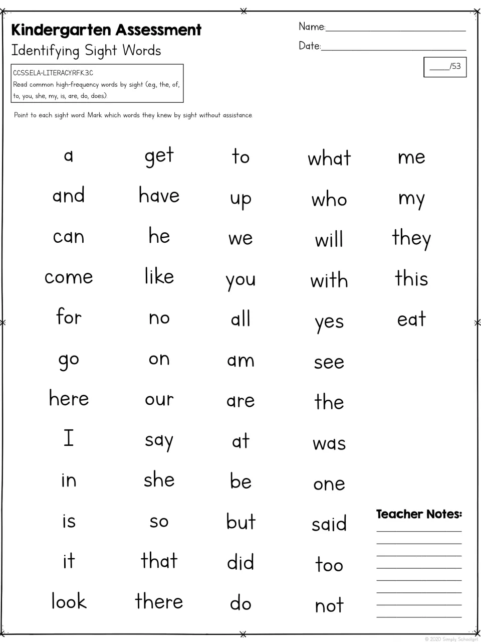 Sight word assessment of 53 words, including a, and, can, come, and for, read without assistance