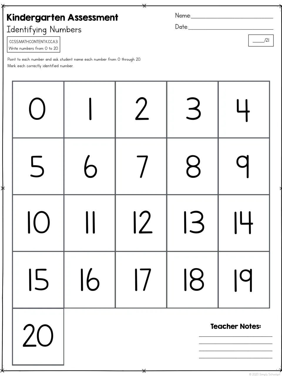Number identification assessment asking students to name each number from 0 through 20, scored out of 21