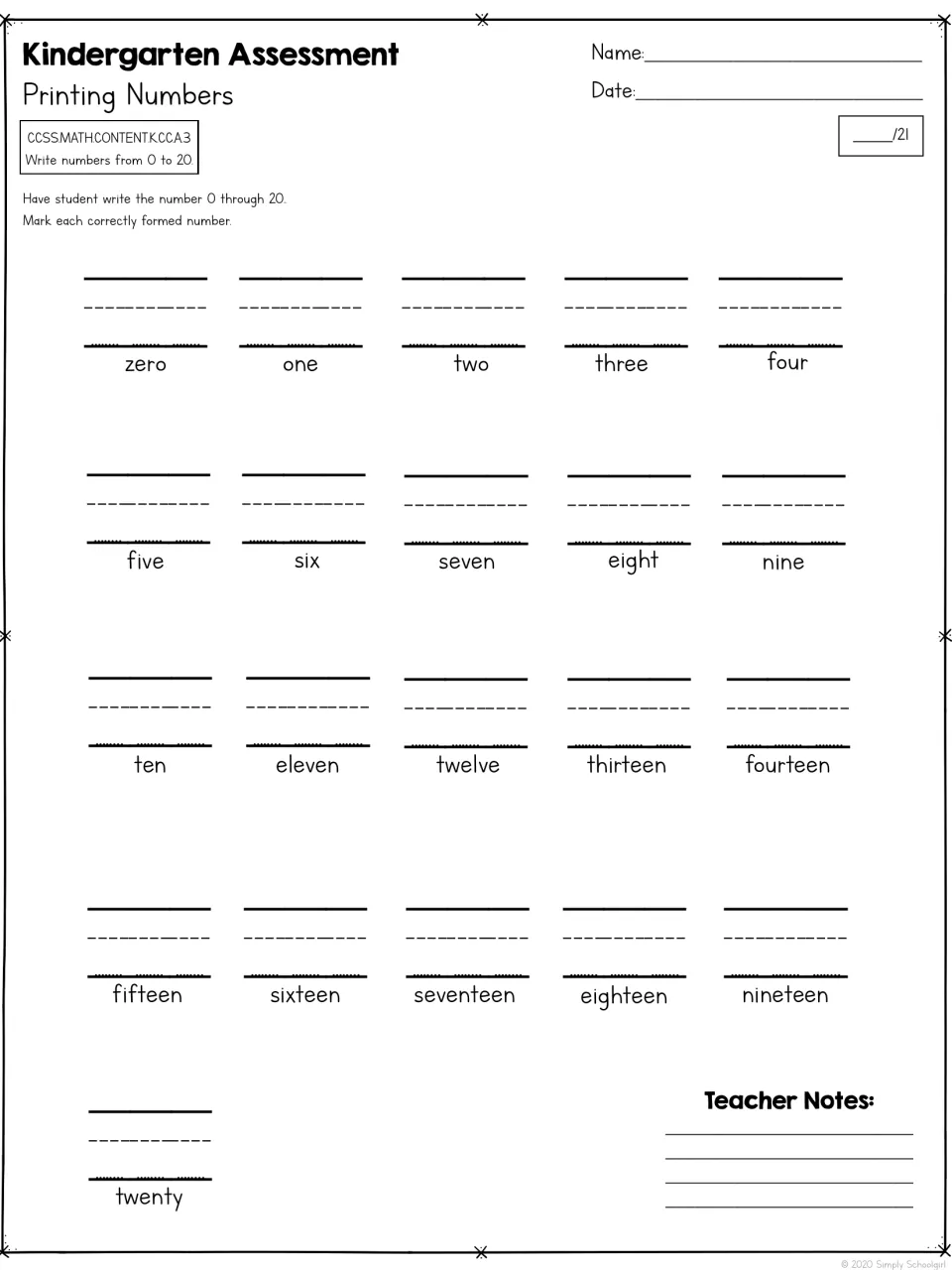 Number printing assessment asking students to write 0 through 20, with number words from zero to twenty