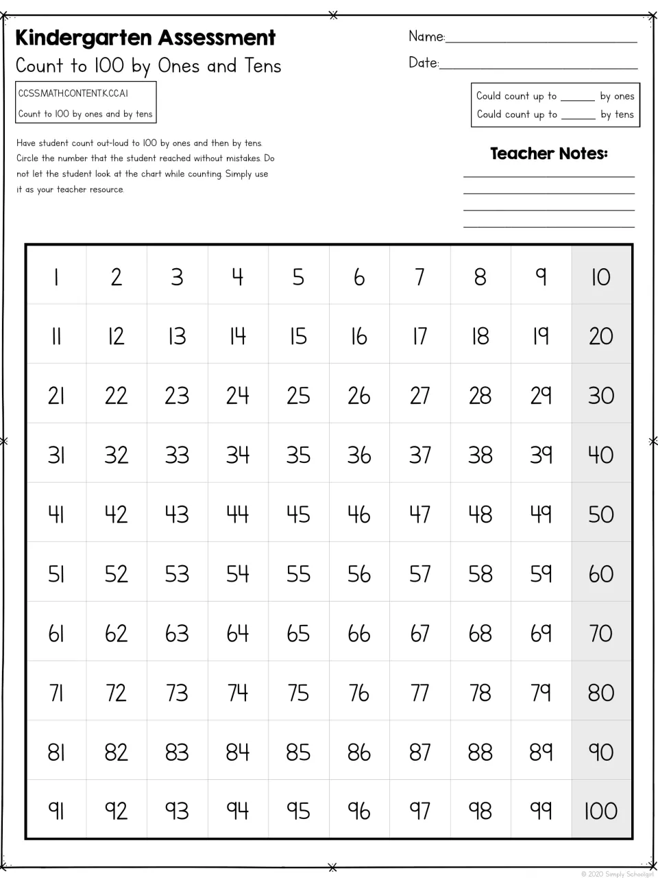 Counting assessment for reciting 1 to 100 by ones and tens, using a teacher reference chart to record progress