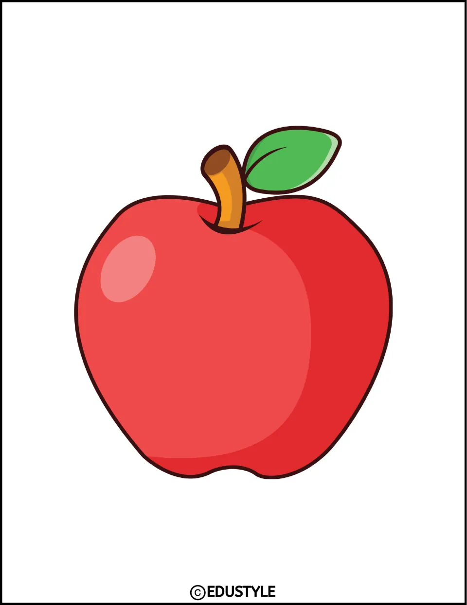 Smaller red apple with stem and leaf on the right, centered on the page as a mid-size cut-out for a board display