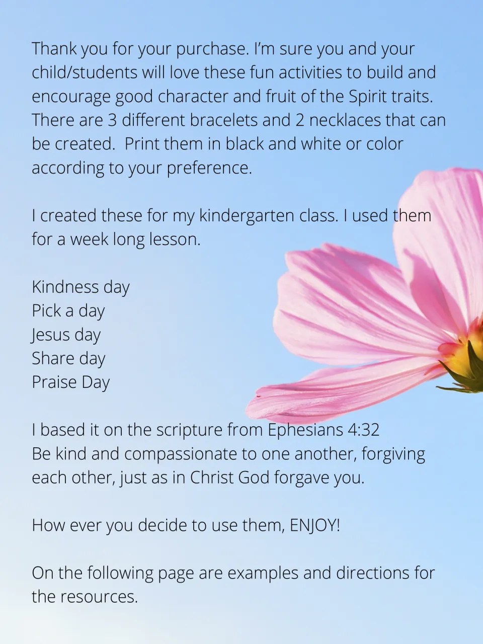 Introduction to five paper jewelry crafts, with a weeklong lesson outline and Ephesians 4:32 on kindness