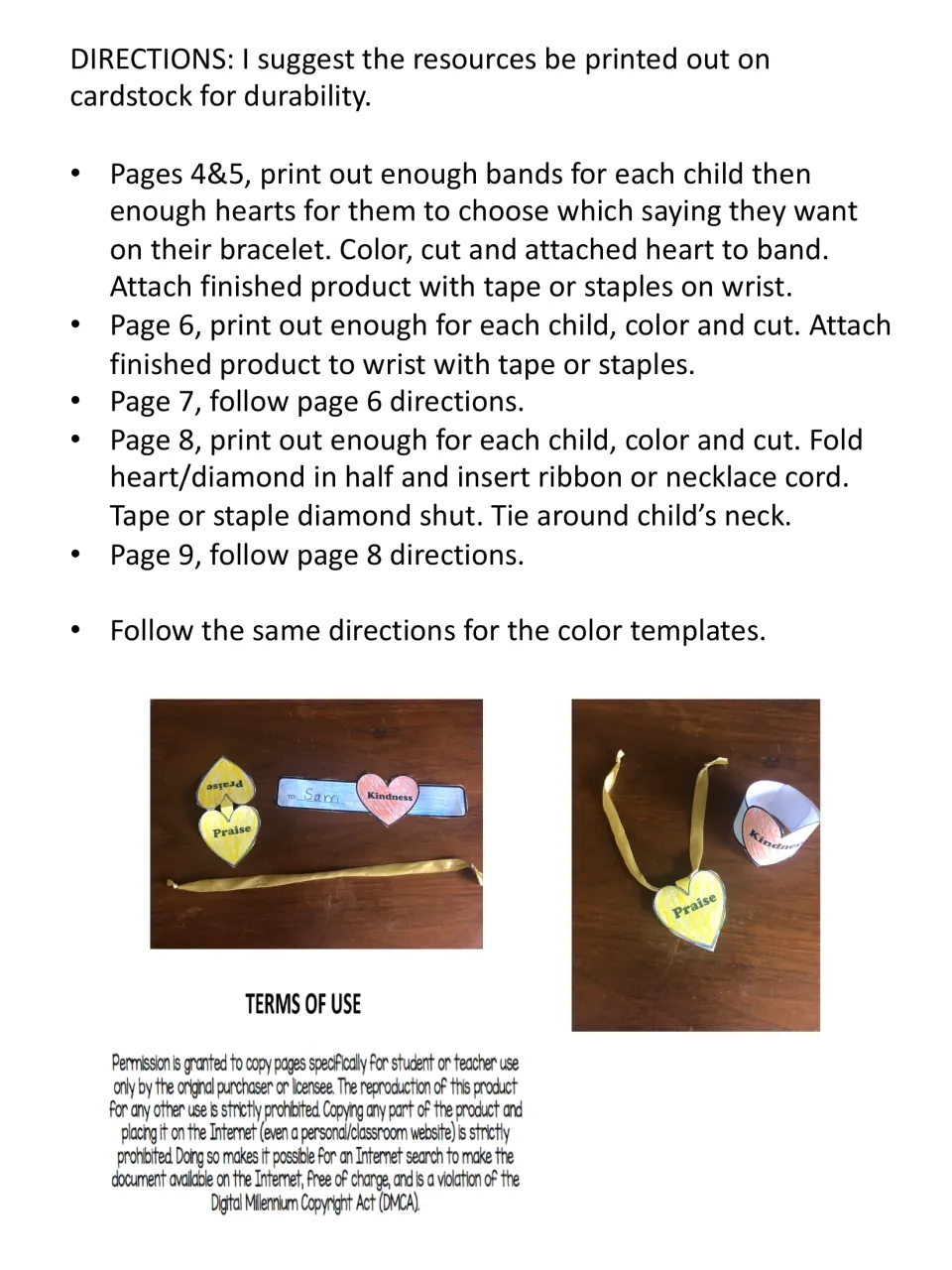 Paper jewelry directions explain coloring, cutting, attaching bracelets, and folding pendants over ribbon