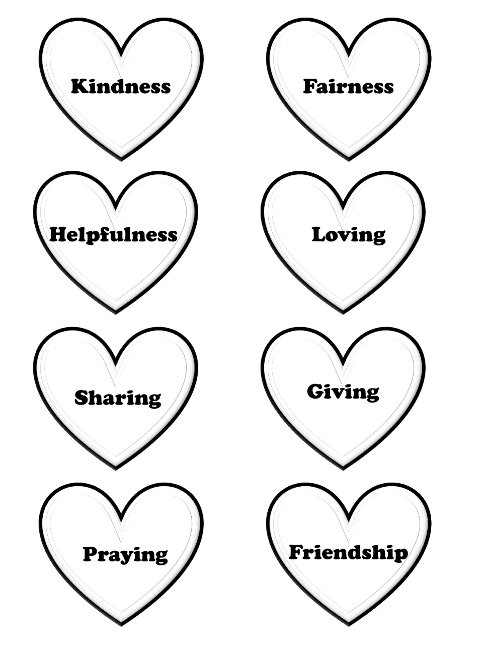 Eight bracelet hearts labeled Kindness, Fairness, Helpfulness, Loving, Sharing, Giving, Praying, and Friendship