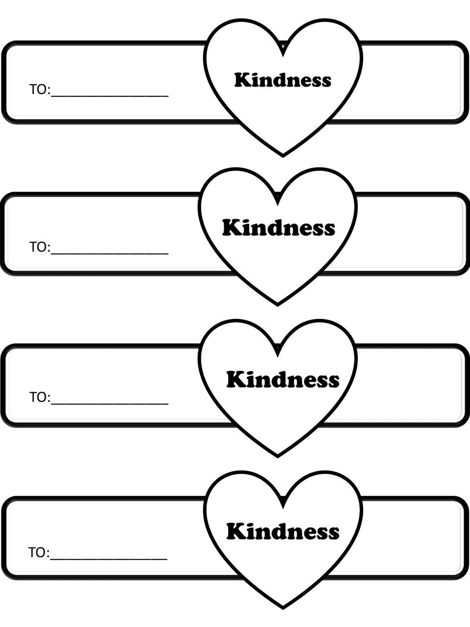 Four black-and-white Kindness bracelets, each with a heart and a TO prompt for the recipient's name