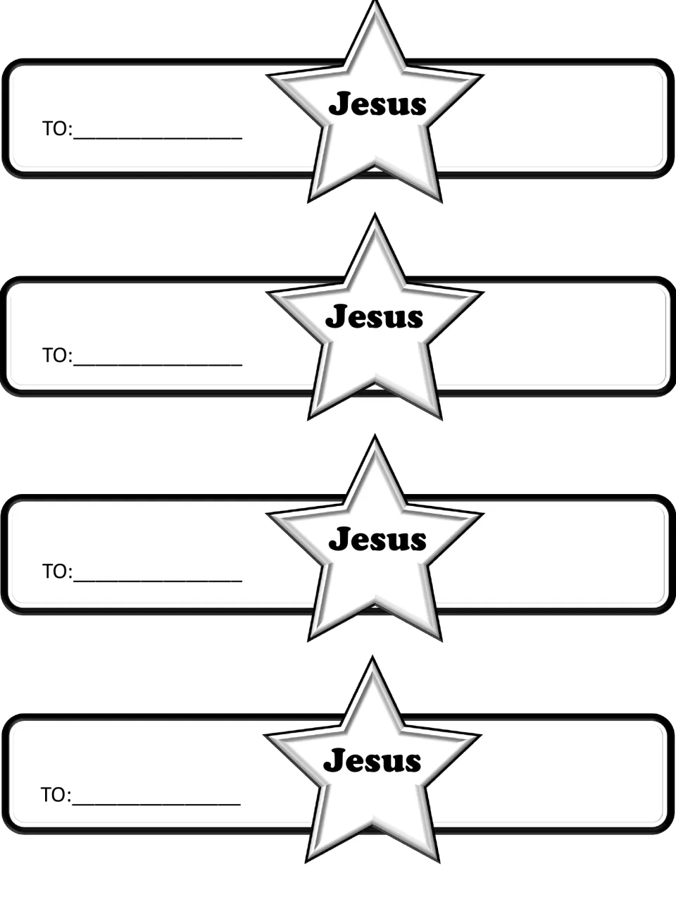 Four black-and-white Jesus bracelets, each with a star and a TO prompt for the recipient's name