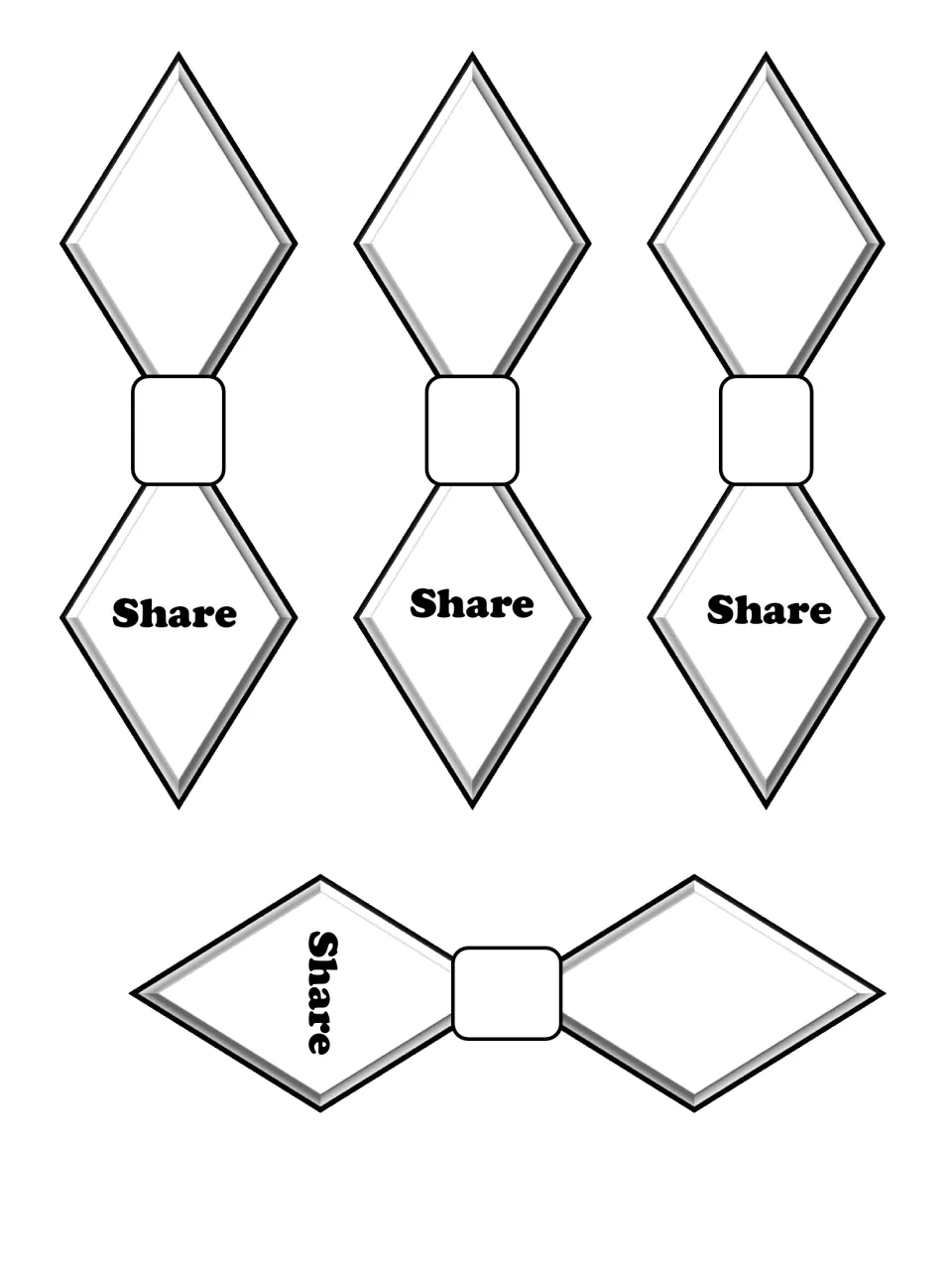 Four black-and-white Share necklace pendants with paired diamond shapes to cut and fold over ribbon
